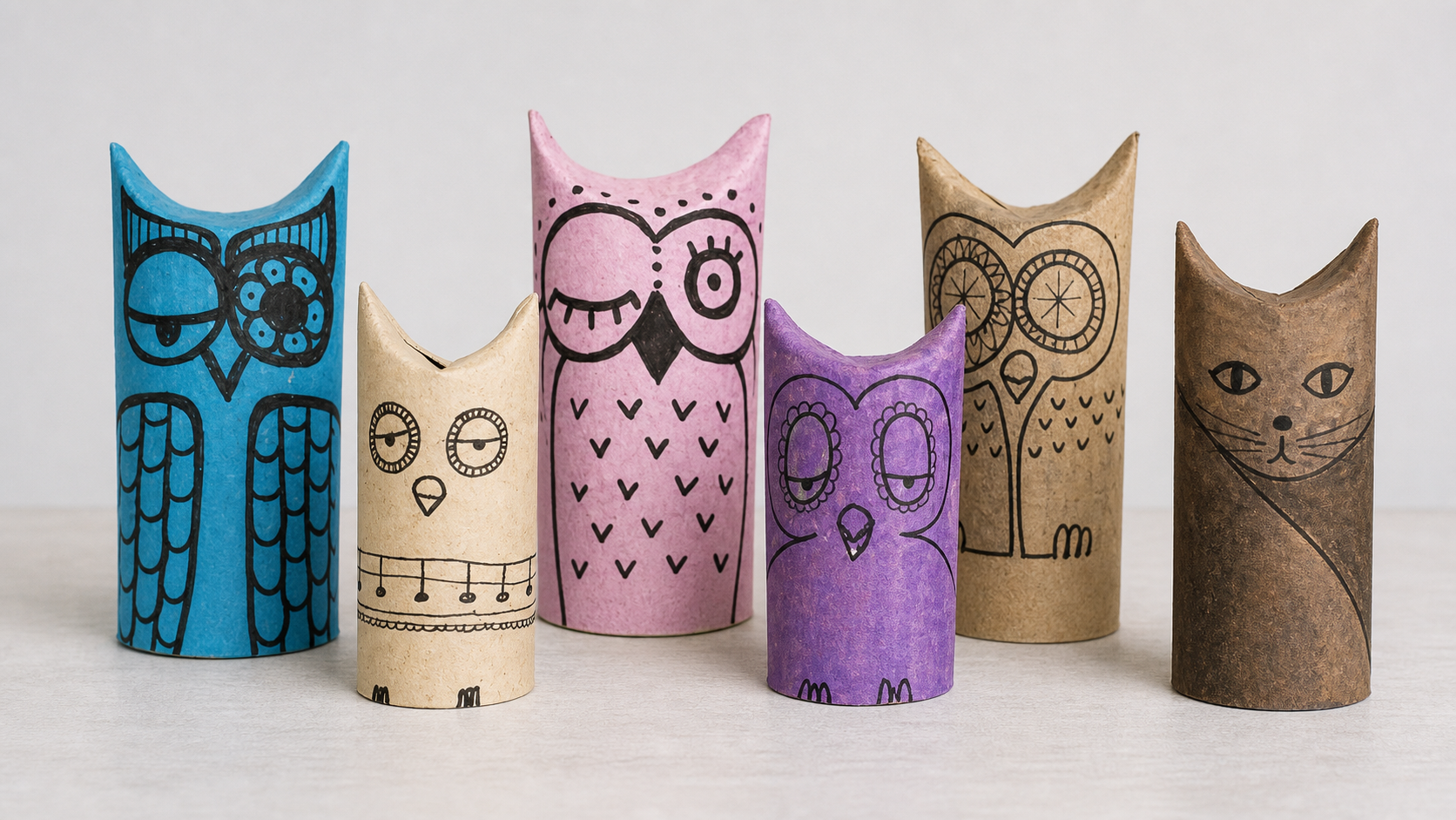 Six hand-drawn cardboard owl and cat characters