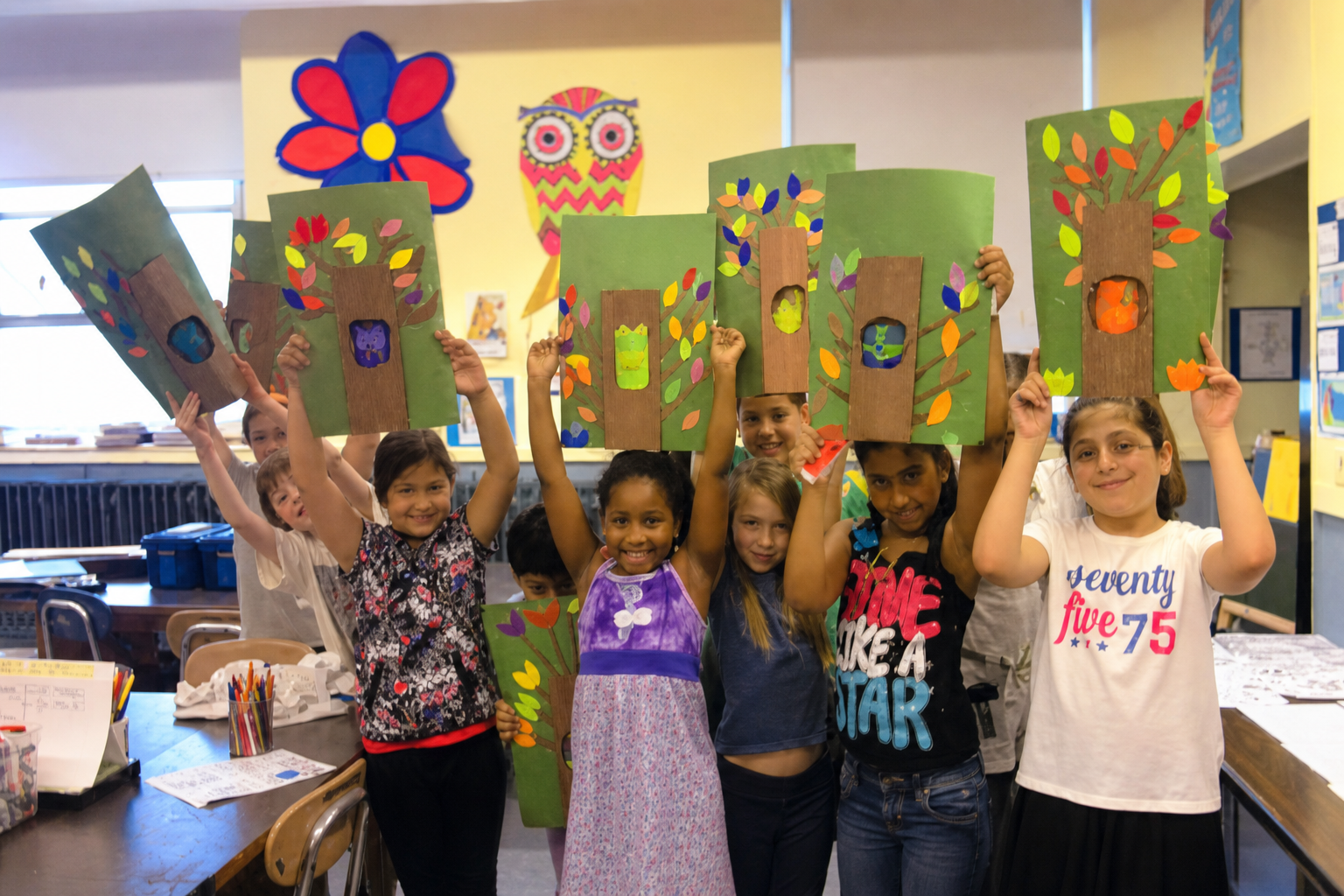 Students holding layered paper tree projects