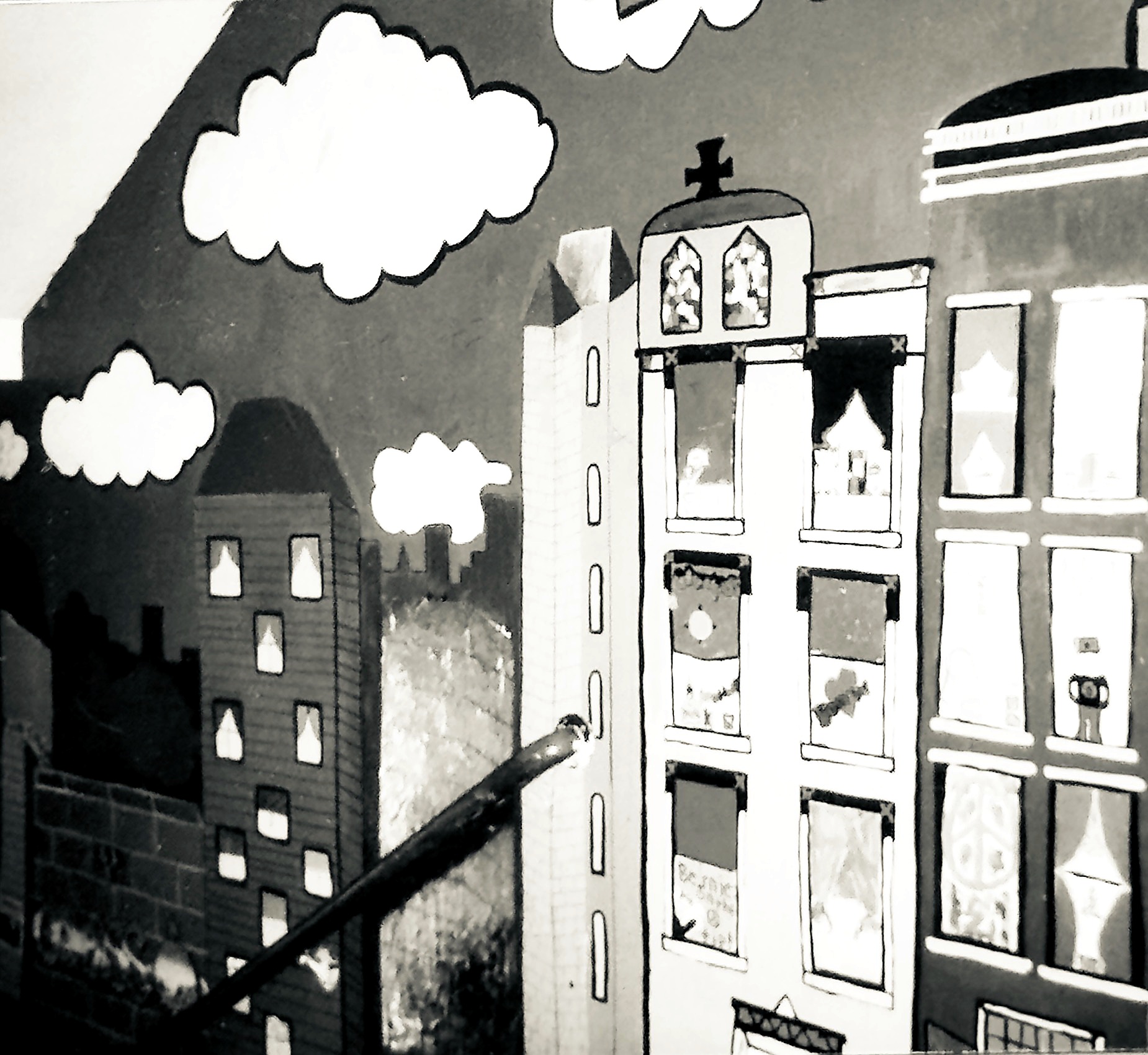 Finished black-and-white mural depicting Boston neighborhood buildings