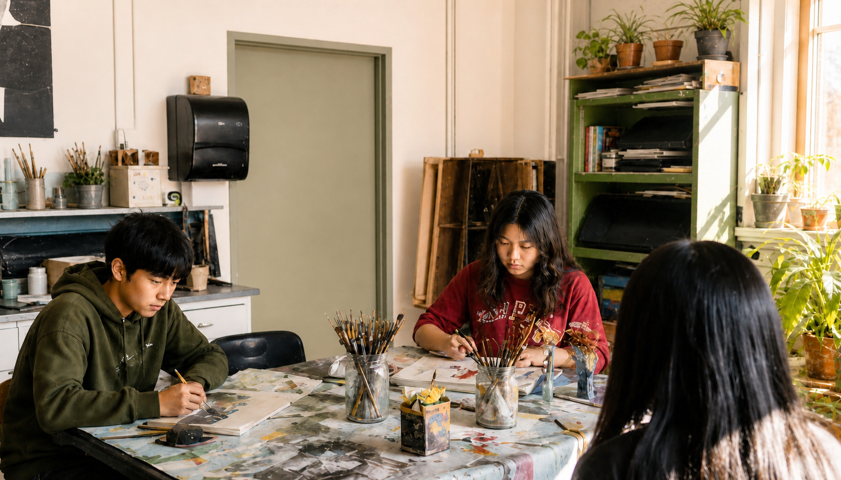 High school art students working independently in a bright studio classroom