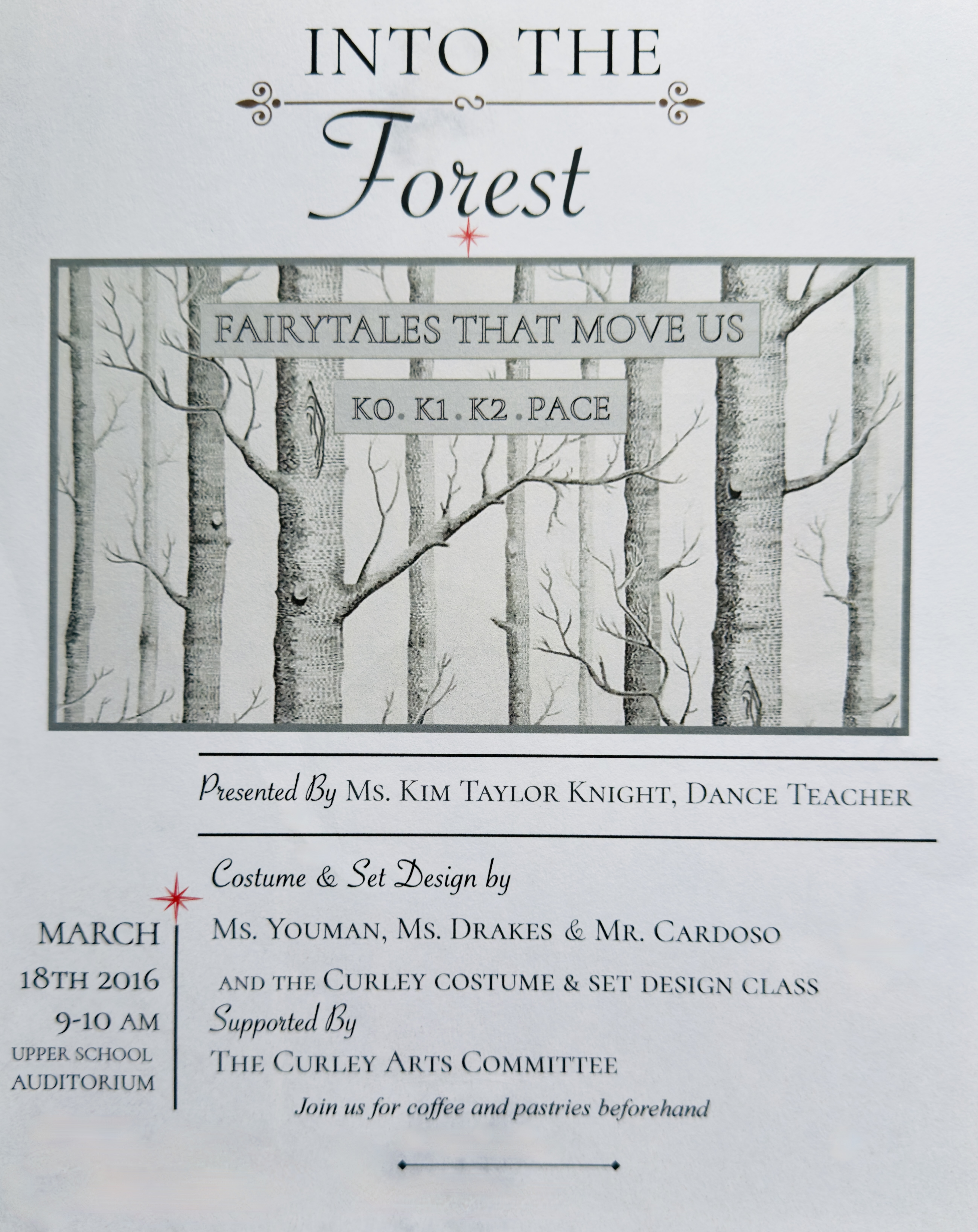 Into the Forest performance poster crediting the costume and set design team